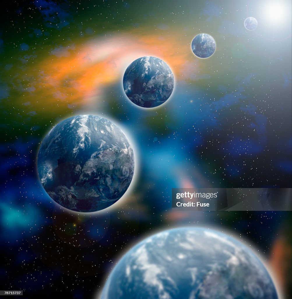 Illustration of Multiple Earths in Space