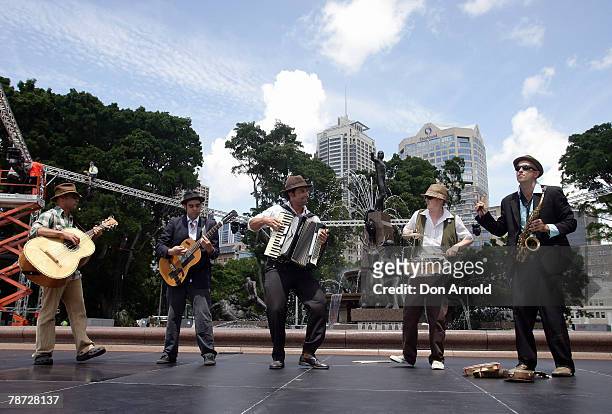 Sydney band Waiting for Guinness performs for the media during a photo call for the 2008 Sydney Festival at The Archibald Fountain, Hyde Park January...