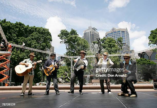 Sydney band Waiting for Guinness performs for the media during a photo call for the 2008 Sydney Festival at The Archibald Fountain, Hyde Park January...