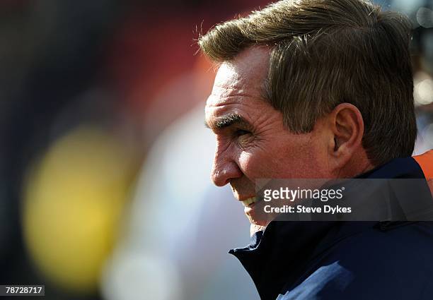 Head coach Mike Shanahan of the Denver Broncos looks on from the sidelines during the football game against the Minnesota Vikings at Invesco Field at...