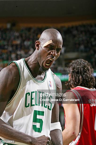 Kevin Garnett of the Boston Celtics celebrates against the Houston Rockets during the game on January 2, 2008 at the TD Banknorth Garden in Boston,...