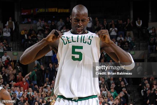 Kevin Garnett of the Boston Celtics celebrates in a game against the Houston Rockets on January 2, 2008 at the TD Banknorth Garden in Boston,...