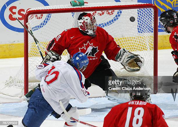Andrej Stastny of Team Slovakia fires a shot that eludes Michael Zador of Team Ontario in a game on January 2, 2008 at the John Labatt Centre in...