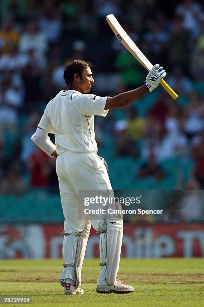 Laxman of India celebrates scoring a century during day two of the Second Test match between Australia and India at the Sydney Cricket Ground on...