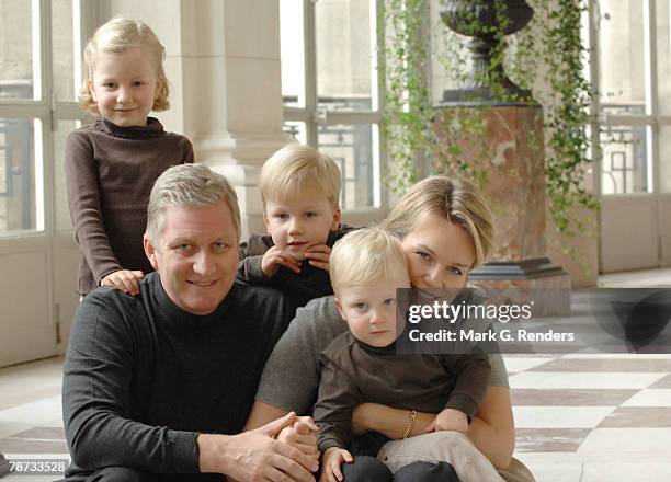 Princess Elisabeth, Prince Philippe, Prince Gabriel, Prince Emmanuel and Princess Mathilde of the Belgian Royal Family poses for a photo at Laeken...