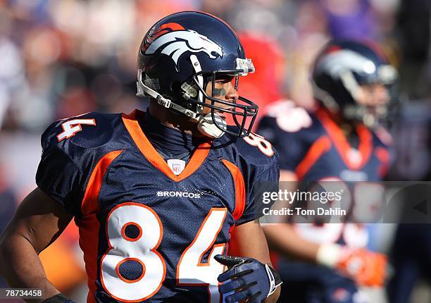 Wide receiver Javon Walker of the Denver Broncos awaits the snap at an NFL game against the Minnesota Vikings at Invesco Field at Mile High, on...