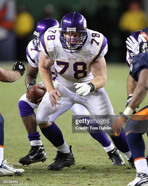 Center Matt Birk of the Minnesota Vikings sets up to block at an NFL game against the Denver Broncos at Invesco Field at Mile High, on December 30,...