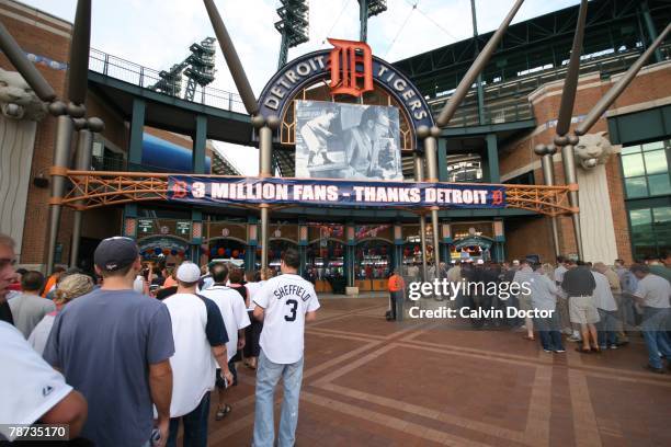 Comerica Park sign welcomes the three millionth fan of the season before the game against the Minnesota Twins at Comerica Park in Detroit, Michigan...
