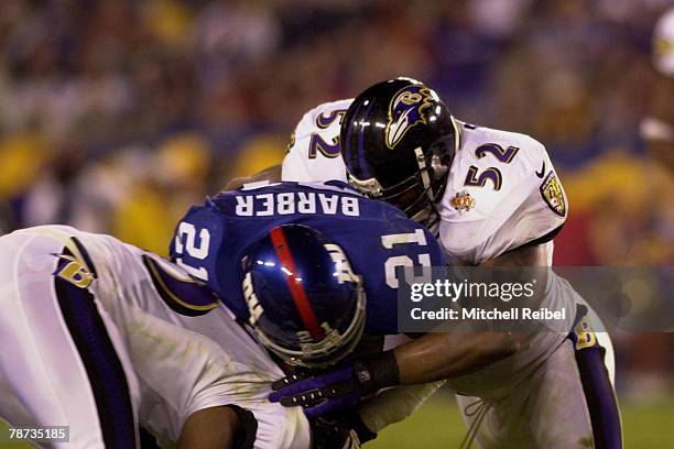 Ray Lewis of the Baltimore Ravens in game action at Super Bowl XXXV . The Baltimore Ravens went on to defeat the New York Giants by a score of on . ?...