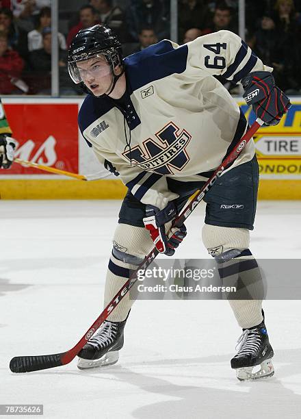 Highly touted 2008 NHL draft pick Greg Nemisz of the Windsor Spitfires waits for a faceoff in a game against the London Knights on December 28, 2007...