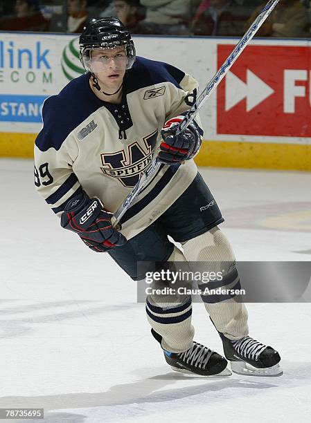 Projected top 10 2008 NHL draft pick Joshua Bailey of the Windsor Spitfires skates in a game against the London Knights on December 28, 2007 at the...