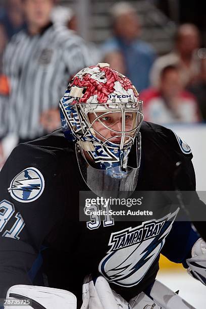 Goaltender Karri Ramo of the Tampa Bay Lightning defends the goal against the Philadelphia Flyers at St. Pete Times Forum on December 29, 2007 in...