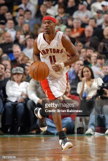 Ford of the Toronto Raptors moves the ball up court during the game against the Boston Celtics at the TD Banknorth Garden on November 7, 2007 in...