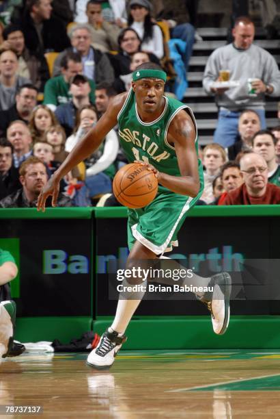 James Posey of the Boston Celtics moves the ball up court during the game against the Toronto Raptors at the TD Banknorth Garden on November 7, 2007...