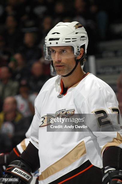 Scott Niedermayer of the Anaheim Ducks watches the play against the Edmonton Oilers at Rexall Place on December 27, 2007 in Edmonton, Alberta, Canada.