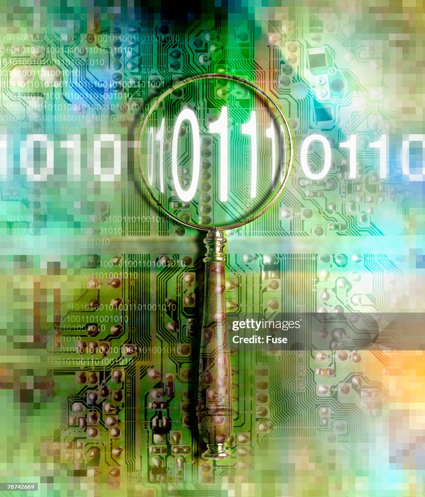 Magnifying Glass Inspecting Binary Code