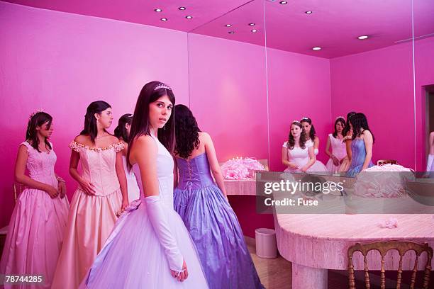 girls at coming of age party in pink restroom - quinceanera party stock pictures, royalty-free photos & images