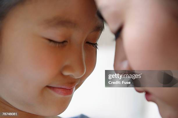 two pre-teen girls face to face - identical twin stock pictures, royalty-free photos & images