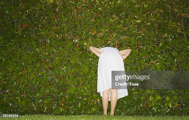 woman looking through her hedge - eccentric hobby stock pictures, royalty-free photos & images