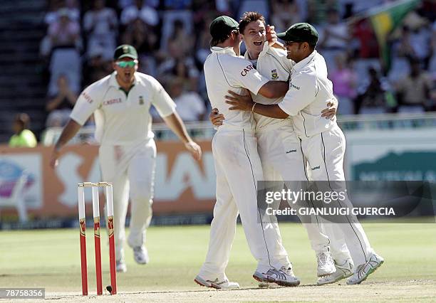 South African bowler Dale Steyn , South African fielder Ashwell Prince , South African fielder AB de Villiers and South African captain Graeme Smith...