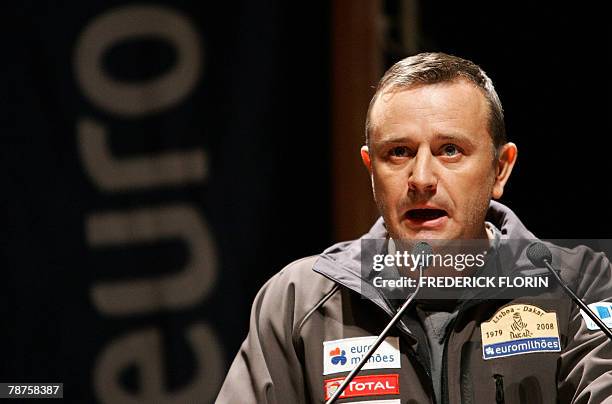 Etienne Lavigne, director of the Dakar Rally, adresses the drivers and media to announce the cancellation of the 30th edition of the rally, in Lisbon...