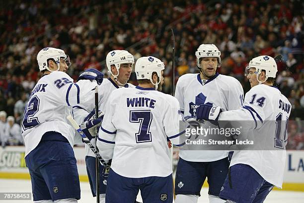 The Toronto Maple Leafs celebrate a goal against the Carolina Hurricanes at the RBC Center on December 18, 2007 in Raleigh, North Carolina.