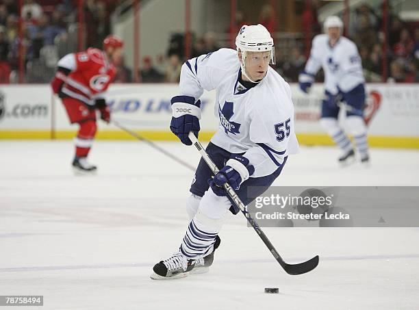 Jason Blake of the Toronto Maple Leafs skates with the puck against the Carolina Hurricanes at the RBC Center on December 18, 2007 in Raleigh, North...