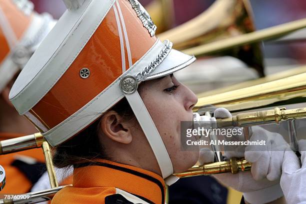 Trombone player from the band of the Tennessee Volunteers entertains before play against the Wisconsin Badgers in the 2008 Outback Bowl at Raymond...
