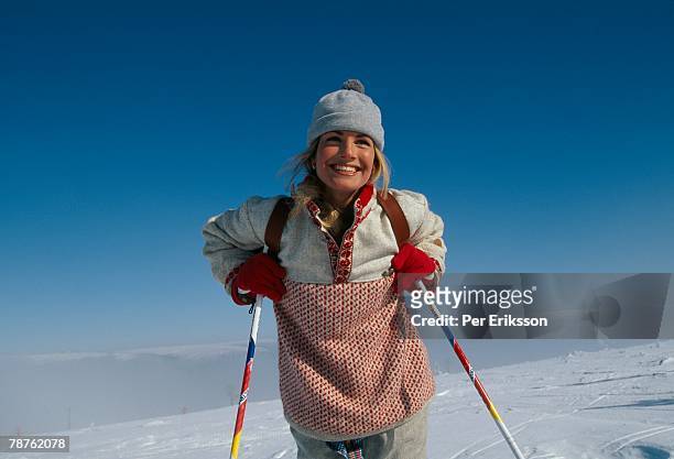 a smiling skier sweden. - female skier stockfoto's en -beelden