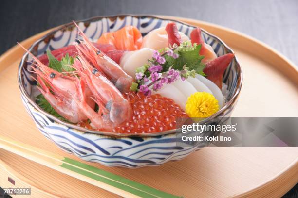 seafood in bowl - ikura stock pictures, royalty-free photos & images