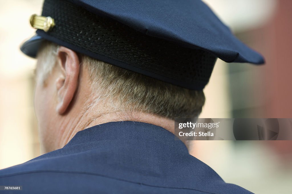 The back of a Policeman's head in New York