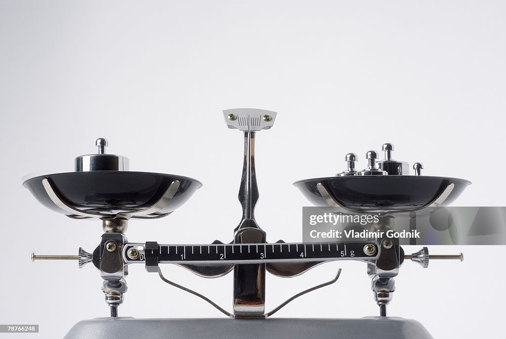 Balance scales with metal weights