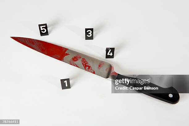 a knife in a crime scene - bloody knife stockfoto's en -beelden