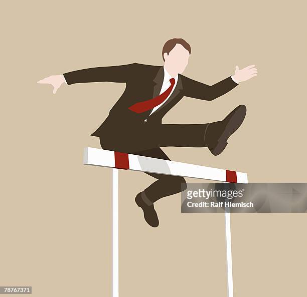 a businessman jumping over a hurdle - laufwettbewerb der männer stock-grafiken, -clipart, -cartoons und -symbole