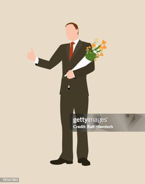 a businessman holding a bouquet of flowers - beige suit stock illustrations