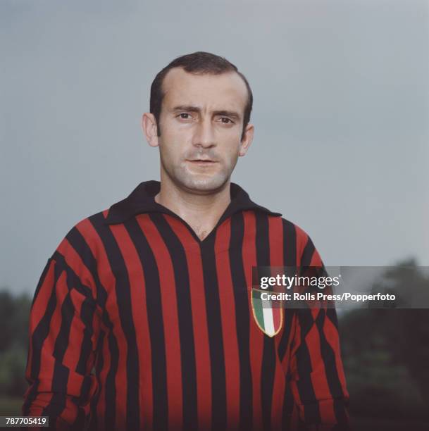 Italian professional footballer and midfielder with A C Milan, Giovanni Lodetti pictured during a training session in Milan, Italy in 1970.