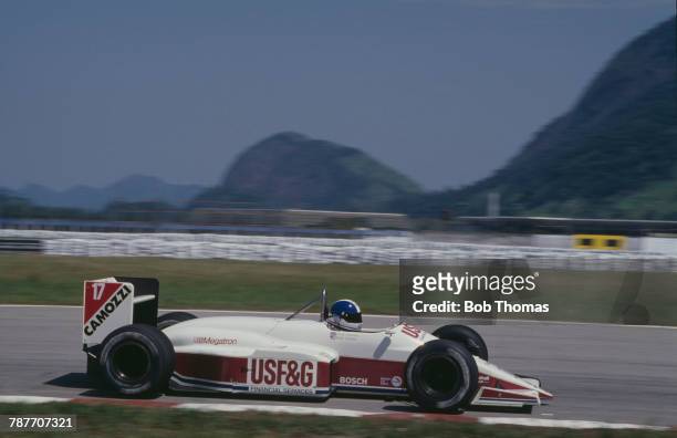 British racing driver Derek Warwick drives the USF&G Arrows Megatron Arrows A10B Megatron M12/13 1.5 L4t to finish in 4th place in the 1988 Brazilian...