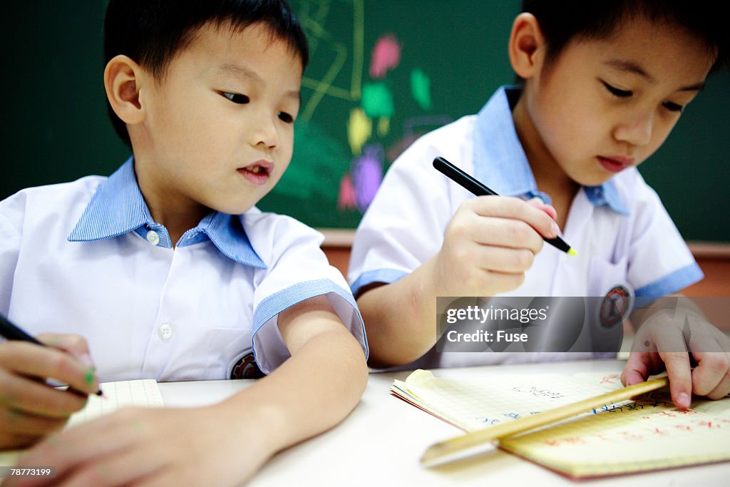 Two Elementary Students Studying in Class