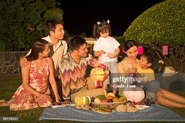 fruit and mooncake picnic - mooncake stock pictures, royalty-free photos & images