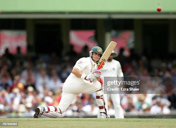 Matthew Hayden of Australia sweeps during day four of the Second Test match between Australia and India at the Sydney Cricket Ground on January 5,...