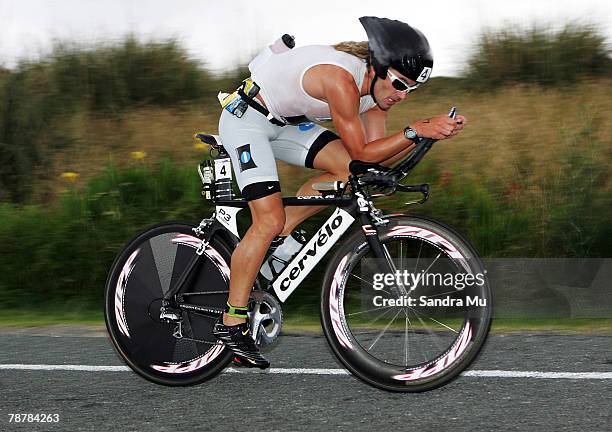 Kieran Doe of New Zealand competes in the cycle leg during the Port Of Tauranga Half Ironman Triathlon at Mount Maunganui on January 5, 2008 in...