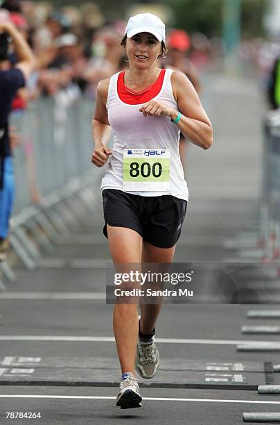 Olympic Gold Medalist Sarah Ulmer competes in the run leg of her team event during the Port Of Tauranga Half Ironman Triathlon at Mount Maunganui on...