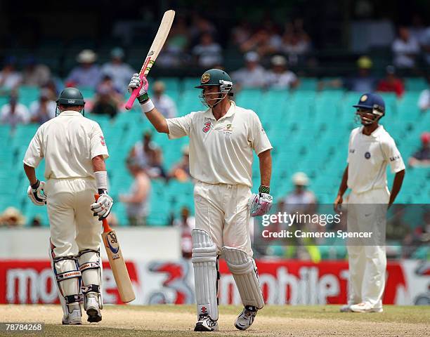 Matthew Hayden of Australia celebrates reaching his half century during day four of the Second Test match between Australia and India at the Sydney...