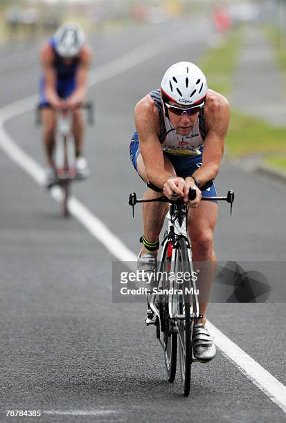 Cameron Brown of New Zealand in the cycle leg during the Port Of Tauranga Half Ironman Triathlon at Mount Maunganui on January 5, 2008 in Tauranga,...
