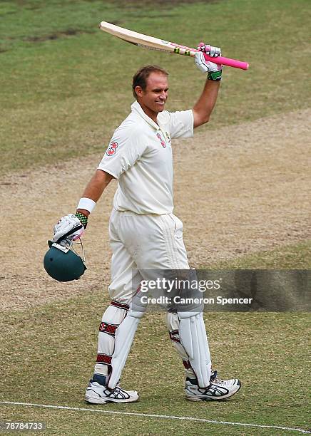 Matthew Hayden of Australia celebrates reaching his century during day four of the Second Test match between Australia and India at the Sydney...