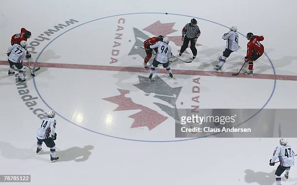 The Opening faceoff starts in Gold Medal game between Team Ontario and Team USA at the John Labatt Centre January 4, 2008 in London, Ontario. Team...