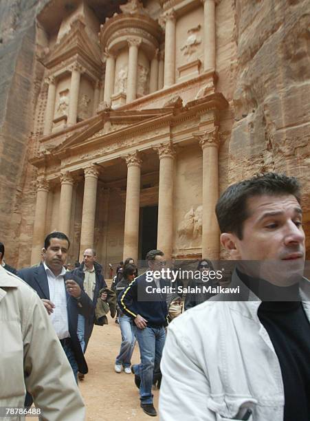 President Nicolas Sarkozy of France and Carla Bruni, accompanied by her son Aurelien Enthoven, tour the ancient Nabatean city of Petra on January 05,...