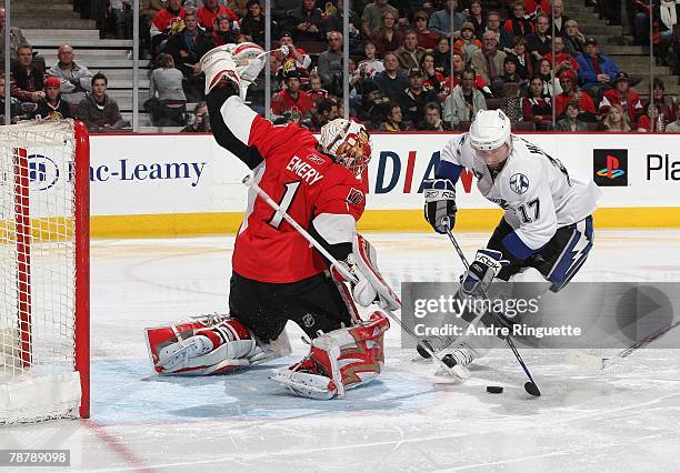 Jan Hlavac of the Tampa Bay Lightning dekes Ray Emery of the Ottawa Senators for a goal at Scotiabank Place January 5, 2008 in Ottawa, Ontario,...