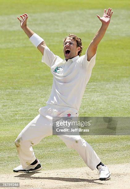 Daniel Vettori of New Zealand successfully appeals for the wicket of Mushfiqur Rahim of Bangladesh during day three of the the First Test match...
