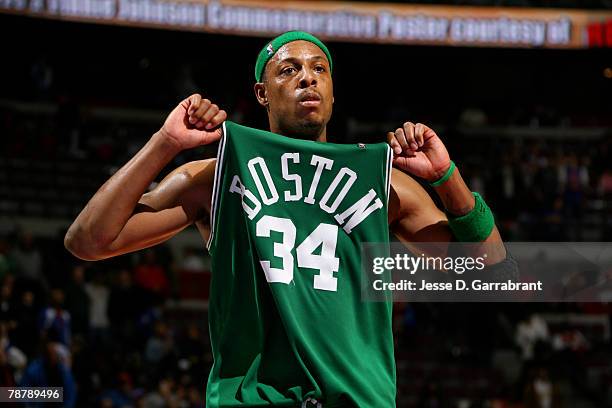 Paul Pierce of the Boston Celtics celebrates against the Detroit Pistons during the game on January 5, 2008 at the Palace at Auburn Hills in Auburn...